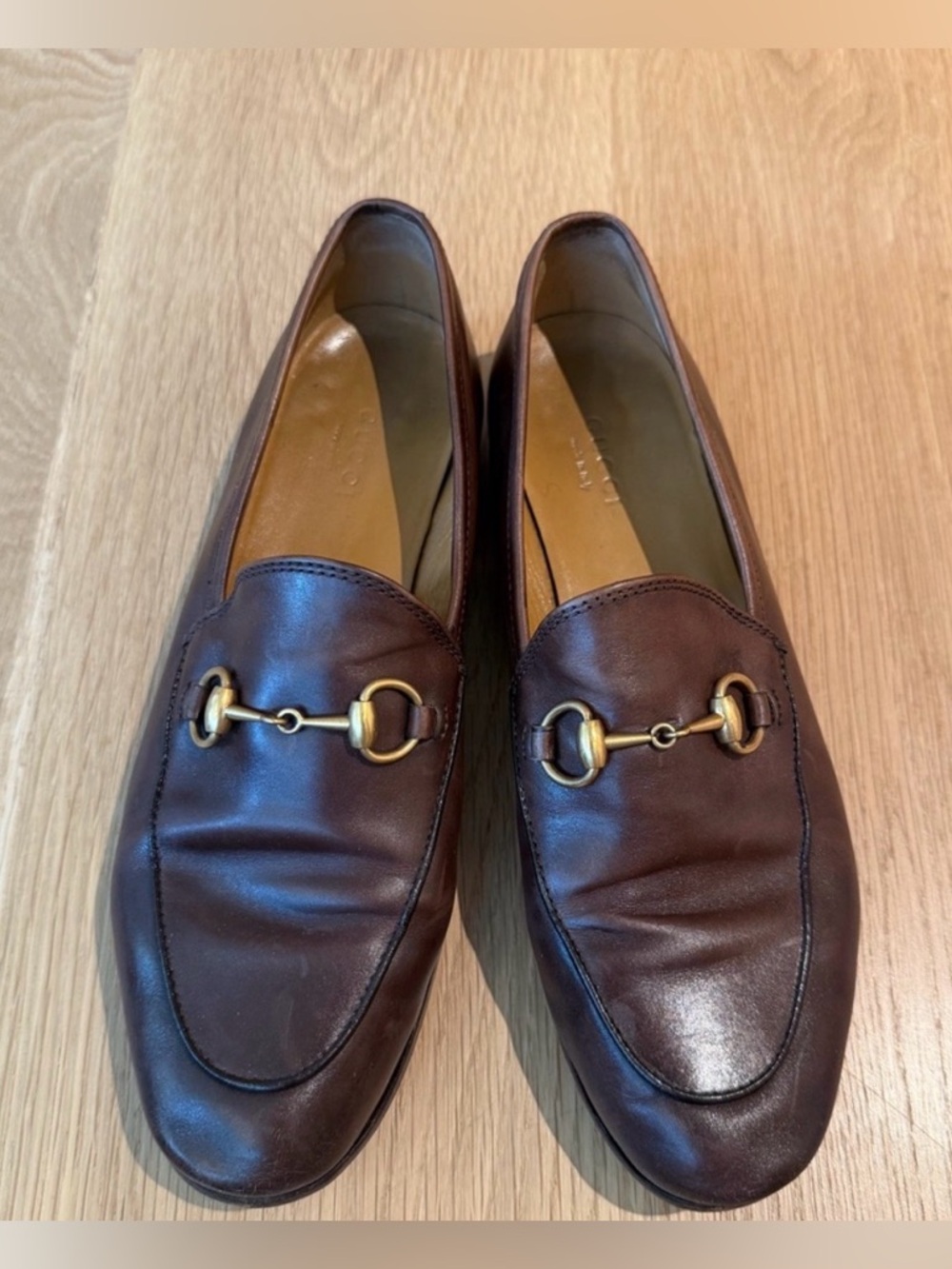 Gucci Jordaan Dark Brown Leather Loafers with Gold Hardware